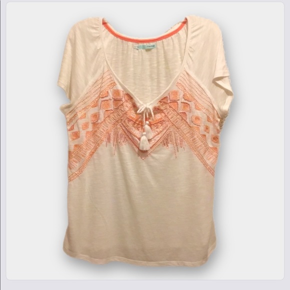 Maurices Tops - Maurices Bead & Embroidery Embellished, Tasseled Tie, Short Sleeve White Top